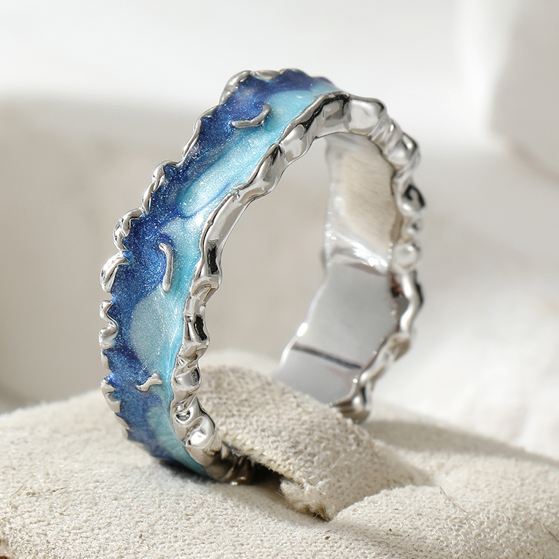 Women's Ocean Wave Blue Enamel Ring, Statement Jewelry